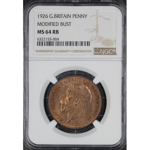 42 - 1926 Modified effigy penny, NGC MS64RB, George V. One of the key rarities in the entire George V pen... 