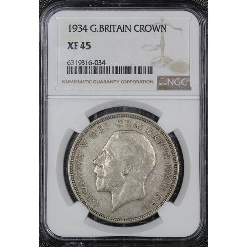 73 - 1934 Crown, NGC XF45, George V. Obv. bare head facing left, Rev. crown and date within wreath. One o... 