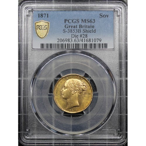 91 - 1871 Sovereign (Die #28), PCGS MS63, Victoria. A few surface marks otherwise lustrous with good eye ... 