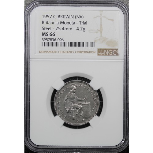 178 - 1957 Britannia Moneta Trial, NGC MS66. Struck in steel with obverse showing a coin being struck in h... 