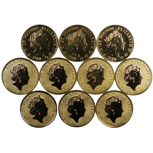 158 - A full set of 10 Queen's Beasts gold ¼oz coins, Elizabeth II. All business strikes and presen... 