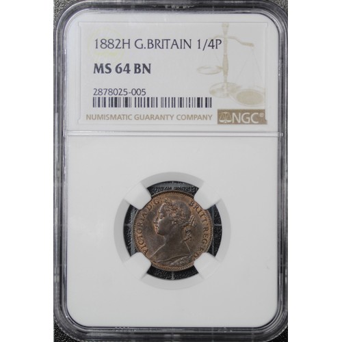 49 - 1882H Farthing, NGC MS64 BN, Victoria. Heaton Mint. Small spot removed at base of bust. Attractive t... 