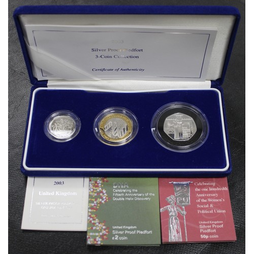 381 - 2003 Silver proof piedfort 3-coin set in blue presentation case including Suffragette 50p & DNA ... 