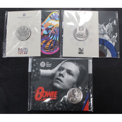 375 - BUNC £5 coins (3), all for the Music Legends series. Comprises 2020 David Bowie, 2021 The Who & ... 