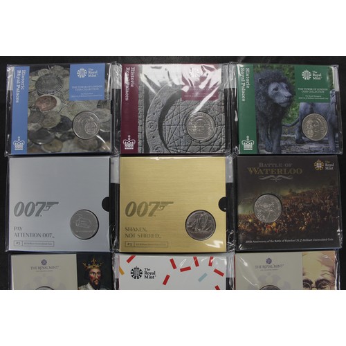 378 - BUNC £5 coins (11) of varying interest comprising 2015 Battle of Waterloo, 2022 The Infamous Prison,... 