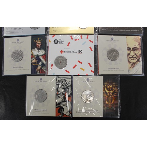 378 - BUNC £5 coins (11) of varying interest comprising 2015 Battle of Waterloo, 2022 The Infamous Prison,... 