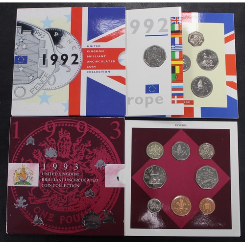 387 - BUNC 1992 & 1993 year sets, both including the scarce 1992-1993 dual date EEC 50p. Coins all bri... 