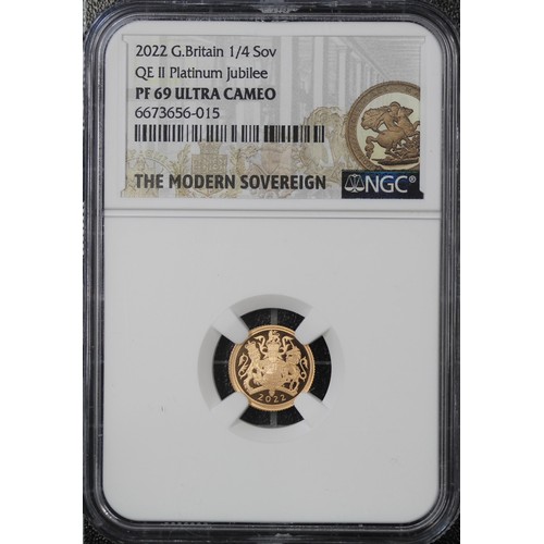 151 - NGC PF69 Ultra Cameo 2022 Proof quarter sovereign, Elizabeth II. Platinum Jubilee special reverse de... 