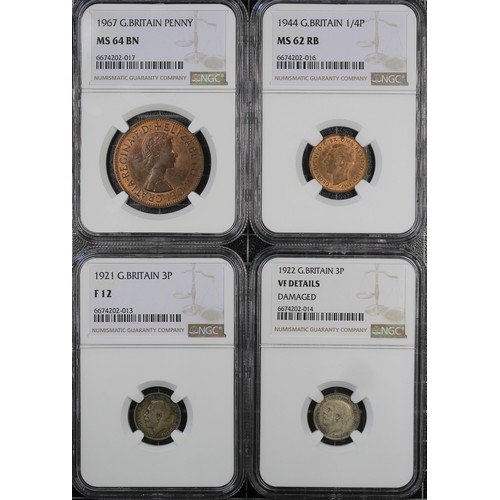 410 - A small assortment of NGC graded pre-decimal coins (4) comprising 1967 penny (MS64 BN), 1944 farthin... 