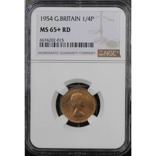 50 - 1954 Farthing, NGC MS65+ RD, Elizabeth II. A couple of minor spots otherwise lustrous and much as st... 