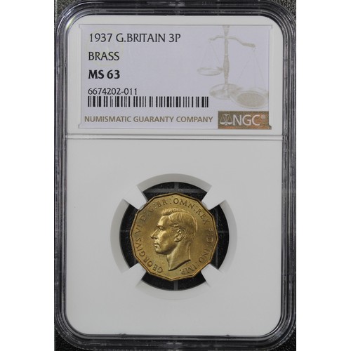 71 - 1937 Brass threepence, NGC MS63, George VI. Darker toned with plentiful lustre. aUNC. [Peck 2370, S.... 