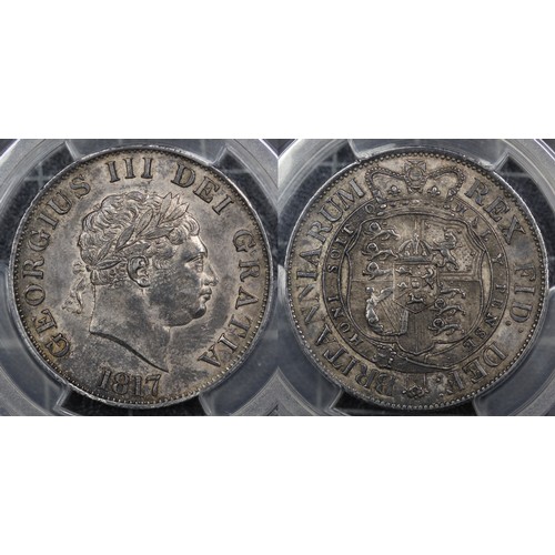 128 - 1817 Halfcrown, PCGS AU58, George III. Obv. small laureate head, Rev. crowned garter and shield. Mot... 