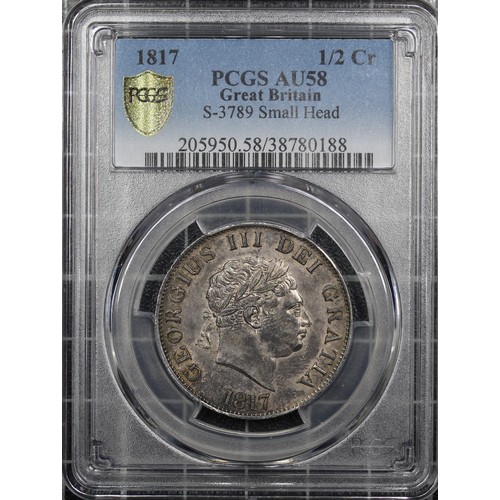 128 - 1817 Halfcrown, PCGS AU58, George III. Obv. small laureate head, Rev. crowned garter and shield. Mot... 