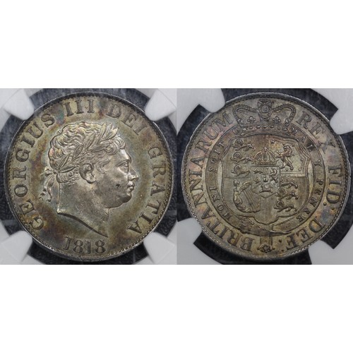 129 - 1818 Halfcrown, NGC MS61, George III. Obv. small laureate head, Rev. crowned garter and shield. Rich... 