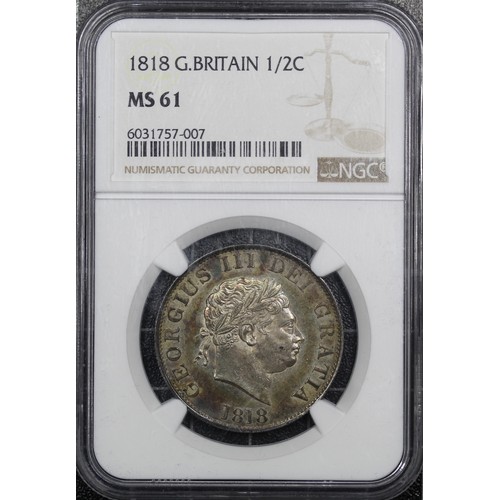 129 - 1818 Halfcrown, NGC MS61, George III. Obv. small laureate head, Rev. crowned garter and shield. Rich... 