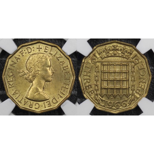 72 - 1966 Brass threepence, NGC MS64, Elizabeth II. Bright, lustrous and with only the occasional surface... 