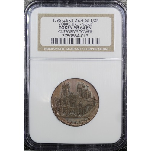 418 - 1795 Yorkshire halfpenny token, Clifford's Tower, York. NGC MS64 BN with trace original mint colour.... 