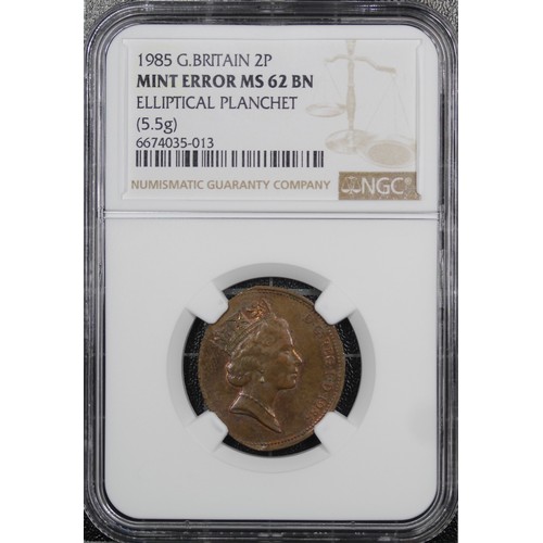 383 - 1985 2p, NGC Mint Error MS62 BN, Elizabeth II. Struck on an elliptical planchet formed of a second c... 