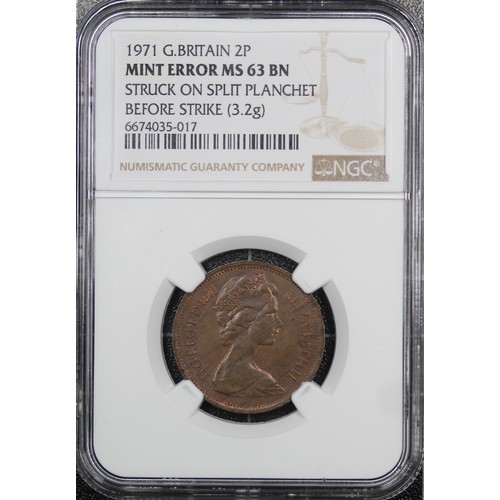 382 - 1971 2p, NGC Mint Error MS63 BN, Elizabeth II. Struck on a split flan of approximately half thicknes... 