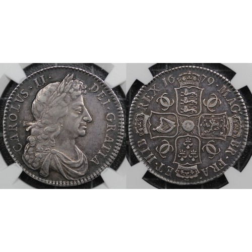 125 - 1679 Halfcrown, NGC AU53, Charles II, edge TRICESIMO PRIMO. Obv. 4th bust, Rev. 7 strings in harp, n... 