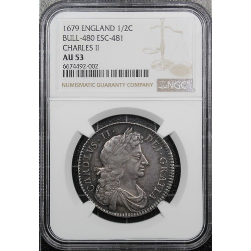 125 - 1679 Halfcrown, NGC AU53, Charles II, edge TRICESIMO PRIMO. Obv. 4th bust, Rev. 7 strings in harp, n... 