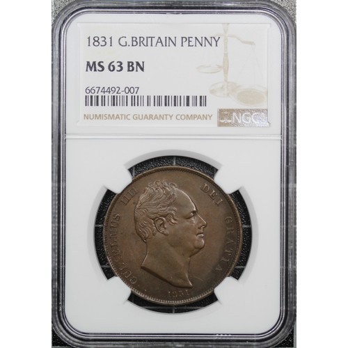 54 - 1831 Penny, NGC MS63BN, William IV. Obv. bare head facing right, Rev. Britannia seated. A well struc... 