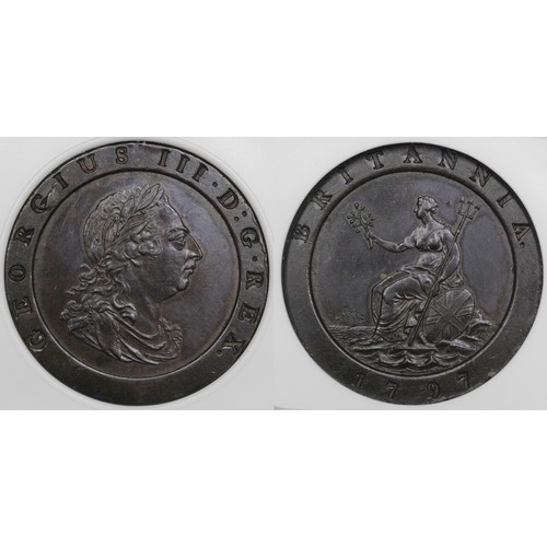 68 - 1797 Twopence, NGC AU58BN, George III. attractively toned, a few areas of both excess metal and edge... 