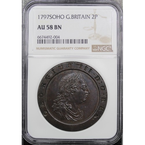 68 - 1797 Twopence, NGC AU58BN, George III. attractively toned, a few areas of both excess metal and edge... 