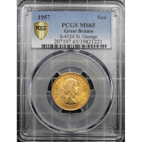 110 - 1957 Sovereign, PCGS MS65, Elizabeth II. Obverse portrait by Mary Gillick. Very light contact marks ... 