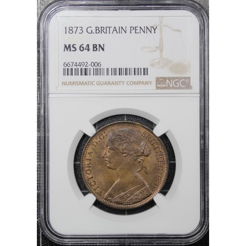 60 - 1873 Penny, NGC MS64BN, Victoria. Residually lustrous with attractive streaky tone to the reverse. A... 