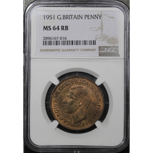 66 - 1951 Penny, NGC MS64RB, George VI. The key series date with a mintage of just 120,000. Scarce in all... 