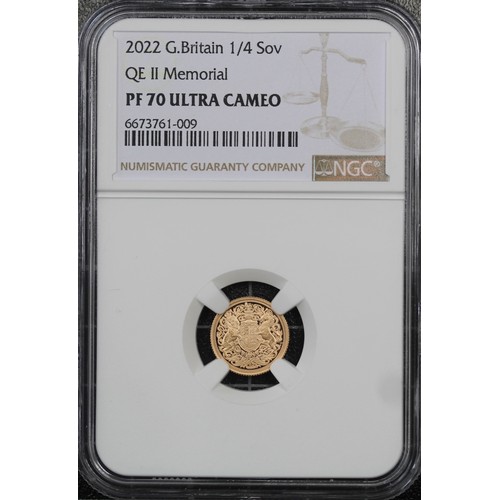 152 - NGC PF70 Ultra Cameo 2022 Proof quarter sovereign, Charles III. Memorial special reverse design by J... 