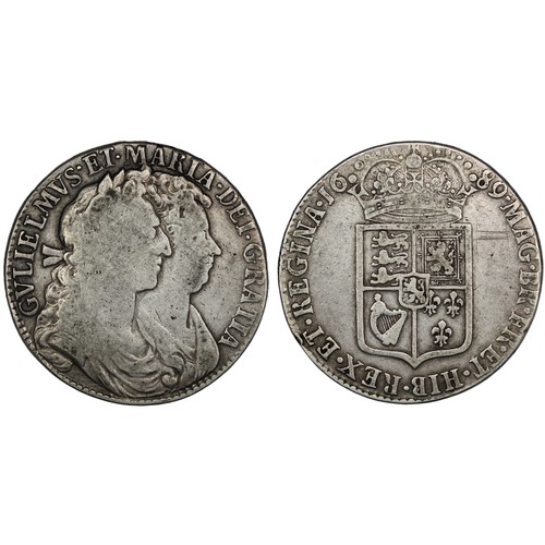 126 - 1689 Halfcrown, William & Mary. Edge PRIMO. First bust, first shield. Caul frosted with pearls. ... 