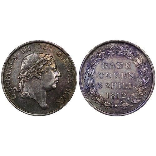 135 - 1812 Three Shillings Bank Token, George III, type B2/3 with top leaf between I & G. Obverse with... 