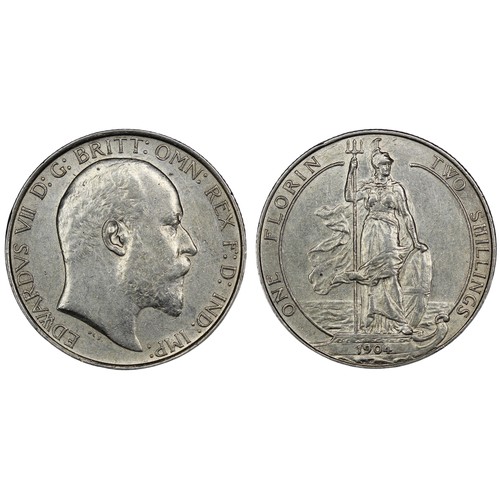 120 - 1904 Florin, Edward VII. Obv. Bare head facing right, Rev. Britannia standing on ship's bow. A coupl... 