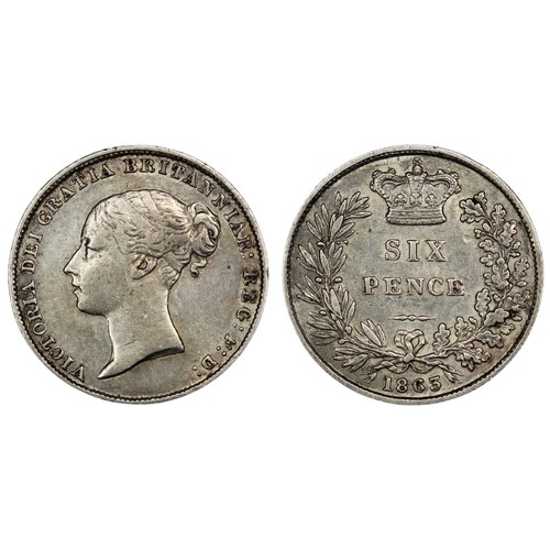 87 - 1863 Sixpence, Victoria. Obv. first young head, Rev. crowned mark of value. VF and one of the key da... 