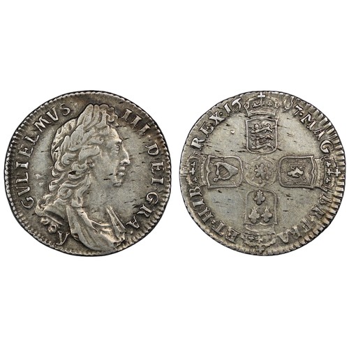 96 - 1697y Shilling, William III, York Mint. Type A1, y in script below first bust. Reverse as usually pa... 