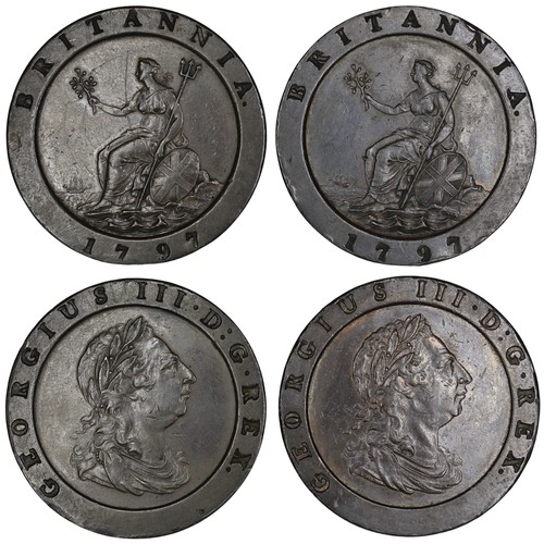 70 - A pair of 1797 twopence, George III. Both VF,  generally free of any major edge bumps. Multiple cont... 