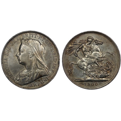 141 - 1900 Crown, Victoria, edge LXIV. Obv. Old veiled bust, Rev. St. George & Dragon. Unevenly toned,... 