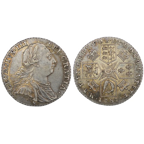 104 - 1787 Shilling, George III, No hearts in Hanoverian Arms, 6 strings in harp. gVF with gentle golden t... 