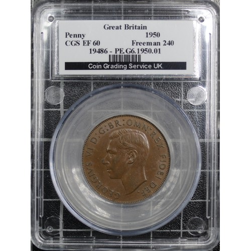 65 - 1950 Penny, CGS60, George VI. A key series date with a mintage of 240,000. EF. [Freeman 240 (Dies 3+... 