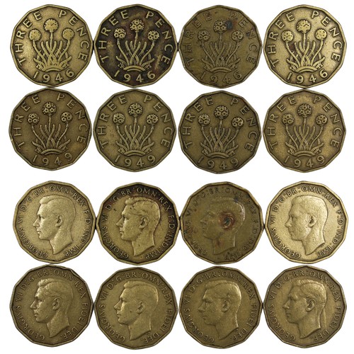 413 - Brass threepence (8) all key dates of George VI formed of 1946 (4) and 1949 (4). Mixed grades genera... 