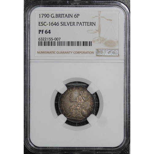 83 - 1790 Pattern sixpence, NGC PF64, George III, dies by Droz. Obv. GR Royal cypher with crown abov... 