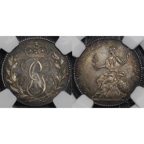 83 - 1790 Pattern sixpence, NGC PF64, George III, dies by Droz. Obv. GR Royal cypher with crown abov... 