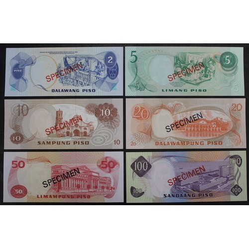 15 - Philippines, 2 Piso to 100 Piso Specimen banknotes with matching serial numbers ✠001703. All signatu... 