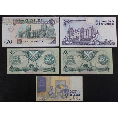 17 - A small assortment of Scottish & Irish banknotes (5) all current or exchangeable. Mixed grades.