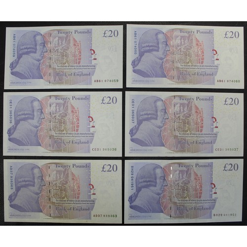 41 - Bank of England £20 banknotes (6), all Bailey Series F including two paired serial numbers. Generall... 