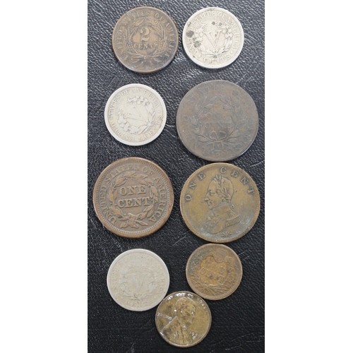 26 - A small selection USA coins & banknotes to include Louisiana $5 bond, 1798 1 cent, 1847 1 cent &... 