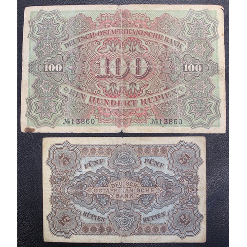 9 - 1905 German East Africa (Deutsch-Ostafrikanische) Bank 100 rupee & 5 rupee banknotes. Both with ... 