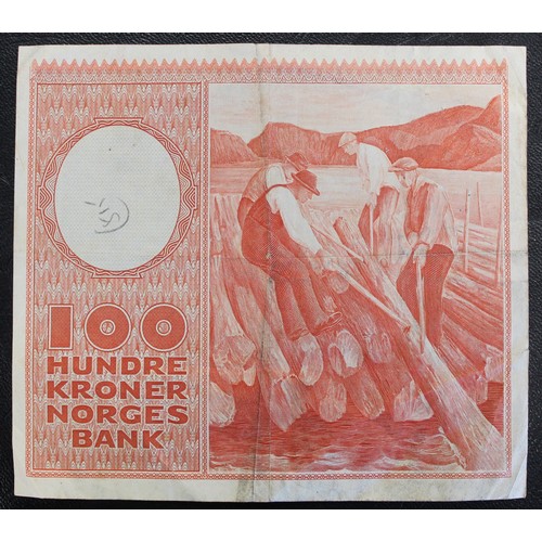 14 - Norway 1953 100 Kroner banknote. Pick 33a3, signature Jahn - Thorp with serial prefix C. Folds and m... 